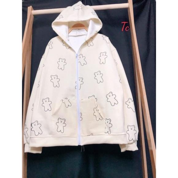Áo khoác nỉ mũ in gấu khoá dây kéo Tc