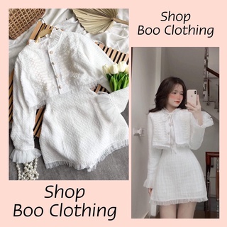 Set 3 món áo khoác croptop chân váy dạ kèm áo sơ mi tiểu thư