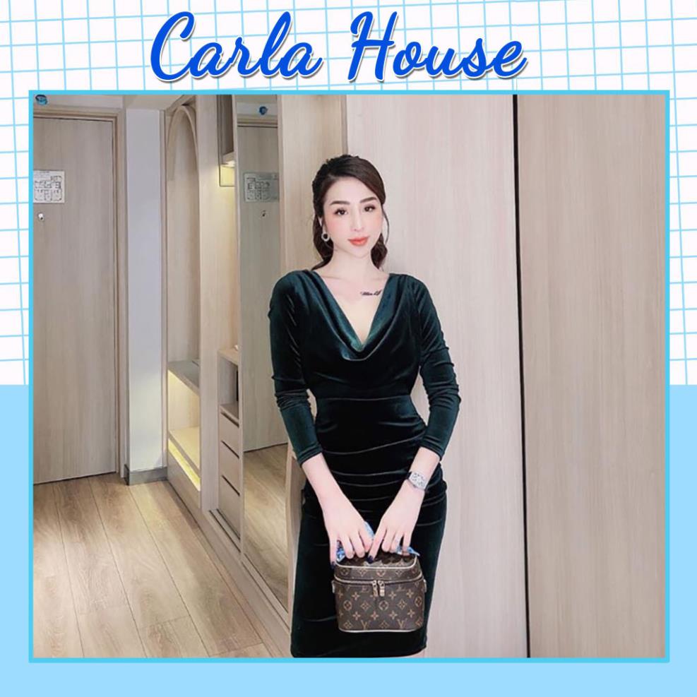 Váy nhung ôm body cổ đổ xếp ly eo nhiều màu sang chảnh CARLA