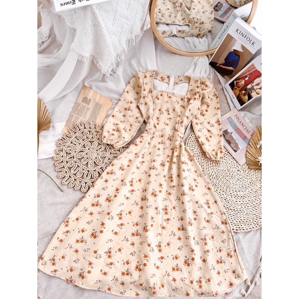ĐẦM MIDI HOA CỔ VUÔNG TAY LỠ