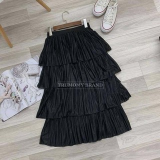 Chân váy tầng dài Vintage phối dập ly kiểu 4 tầng lụa Quảng Châu - Trumomy (CV01)