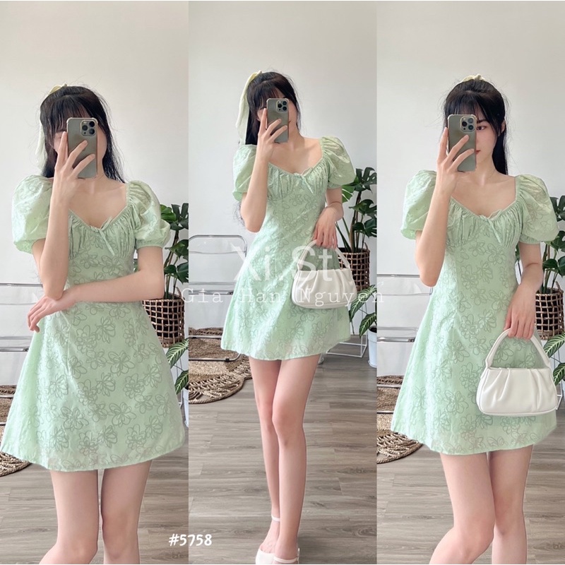 Váy hoa cổ vuông cột nơ xanh mint