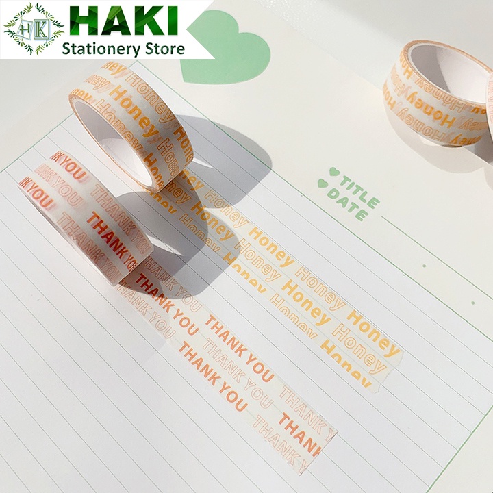 Cuộn băng keo washi tape HAKI in chữ thank you trang trí sổ tay phong cách Hàn Quốc BD05