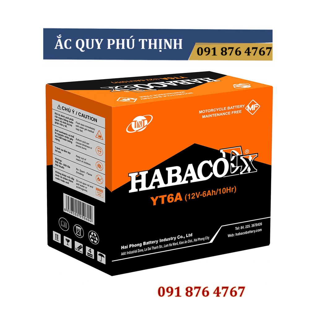 Ắc quy xe máy Habaco 12V – 6Ah YT6A. Dùng cho xe wave alpha, dream, future,...