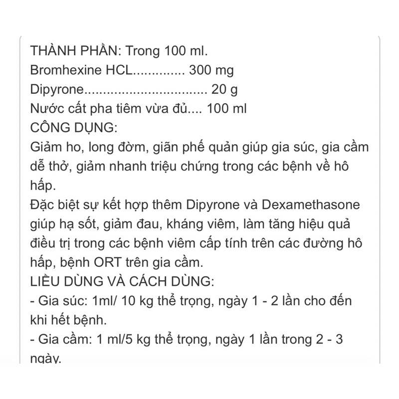 1 lọ BROMHEXIN PLUS 100ml giảm ho long đờm thông khí quản dùng cho trâu bò lợn gà