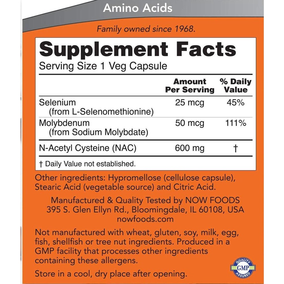 Viên uống Now NAC 600 mg w/ Selenium & Molybdenum  cải thiện tim mạch, sức khỏe nam giới, hiệu suất luyện tập