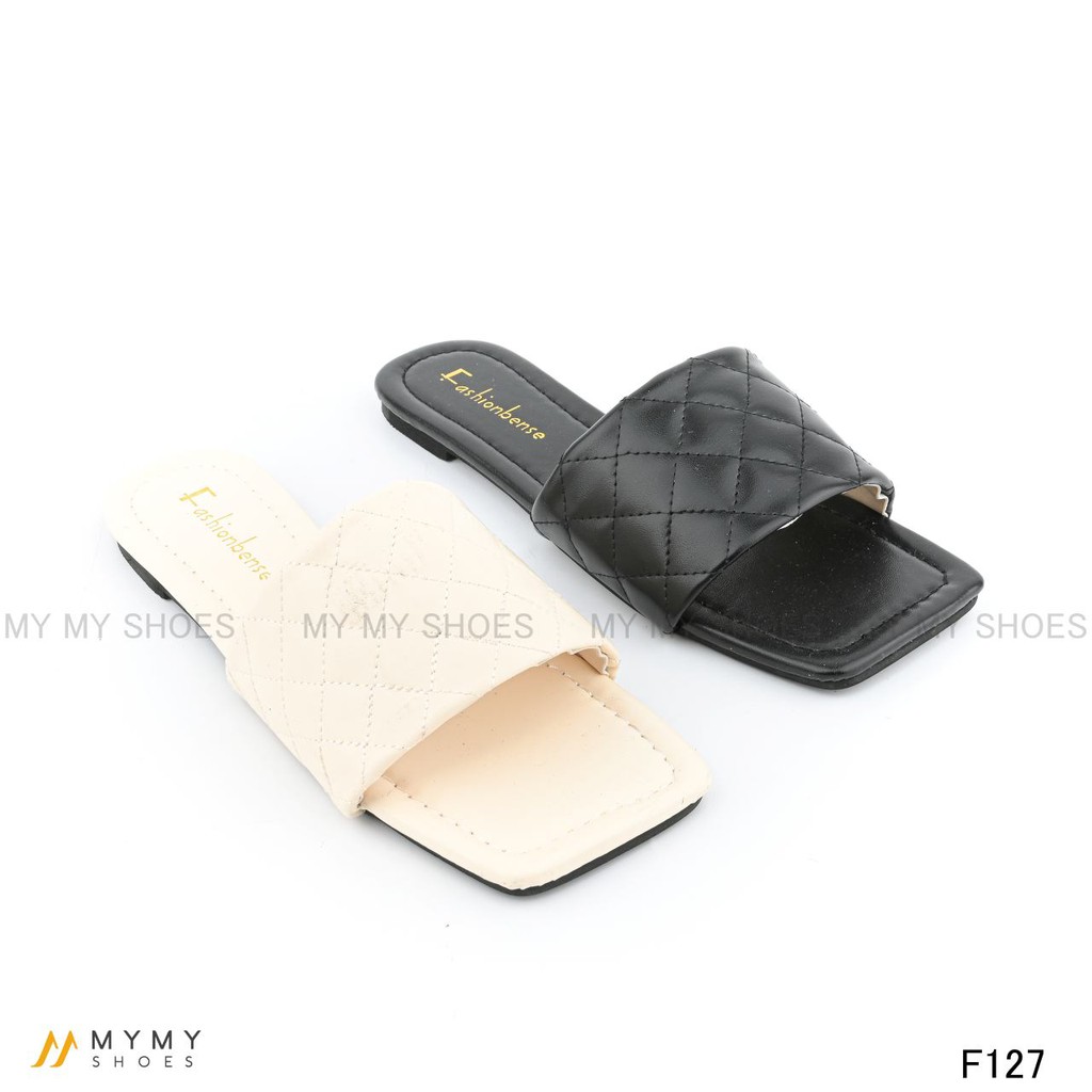 F127 Dép bệt da lì trần chỉ mũi vuông