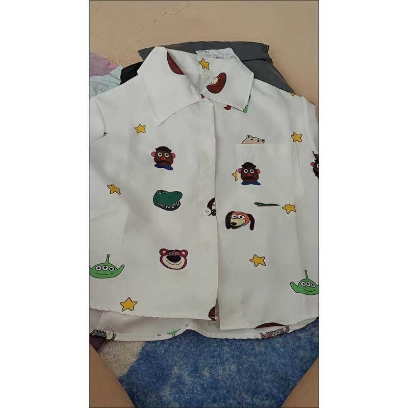 Áo sơ mi trắng dài tay in họa tiết dễ thương cho bé gái cao 90-150cm, nặng 10-35kg