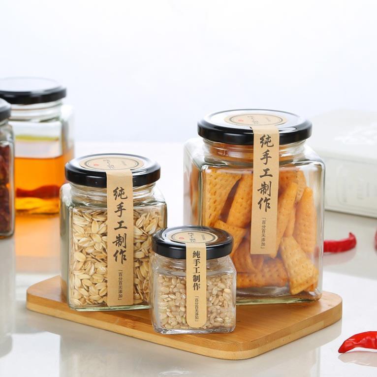 Hũ Thuỷ Tinh Vuông Nắp Thiếc 200ml - 500ml đựng đậu hạt, yến mạch