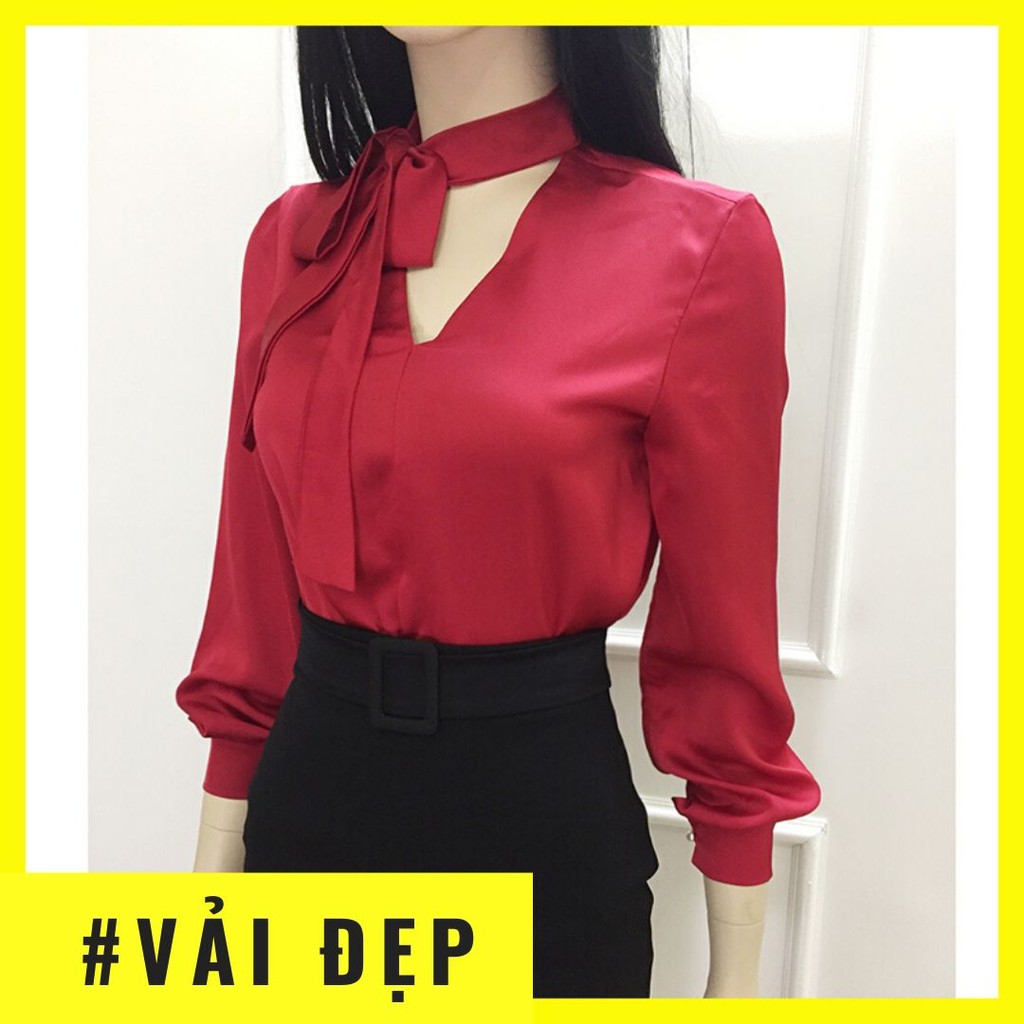 Áo Công Sở Nữ Áo Kiểu 💖𝑭𝒓𝒆𝒆𝒔𝒉𝒊𝒑💖 Áo Sơ Mi Nữ Đỏ Thắt Nơ Vải Lụa Mềm