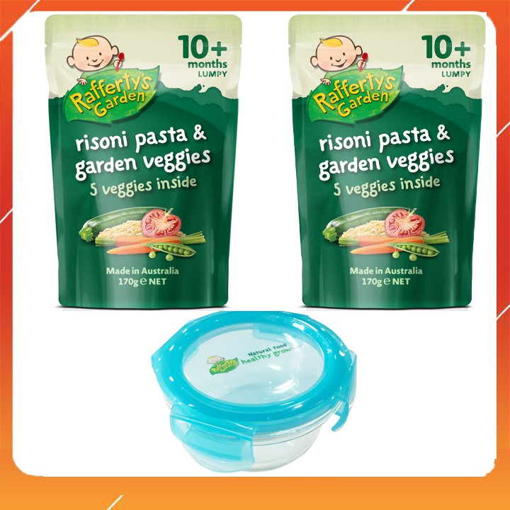 [2tặng1]Mua 2 túi ăn dặm cho bé từ 10 tháng Rafferty's Garden vị Mì ống Risoni & Các loại rau củ tặng 1 chén thủy tinh