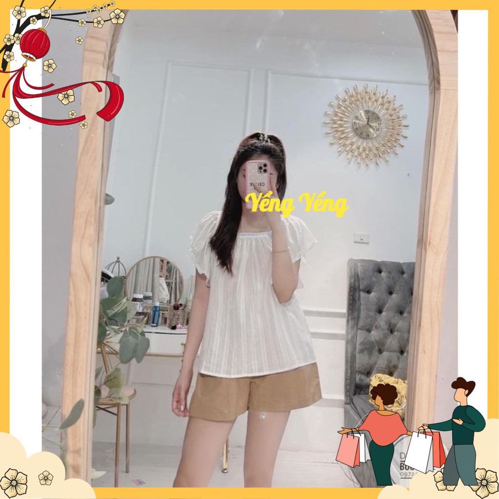 SNU397 - SET NỮ ÁO REN SỌC TRẮNG QUẦN SOOC NÂU