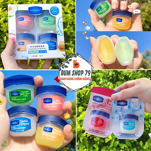 Set 4 son Vaseline dưỡng môi HANBOLI bổ sung độ ẩm làm hồng môi, Combo son dưỡng nội địa trung HANBOLI 4 hủ chứa vitamin