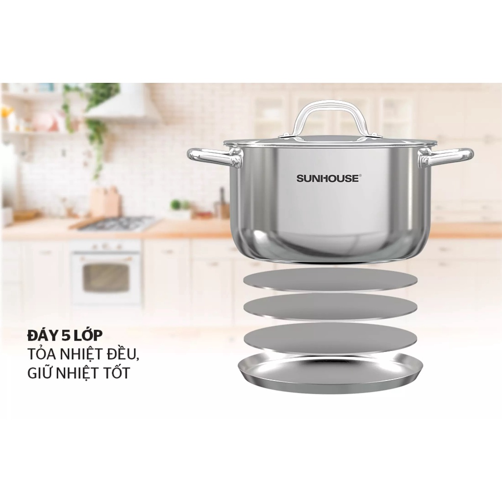 Bộ 5 món nồi inox SUNHOUSE SHG995  hoặc SHg996E  5 đáy, chảo chống dính, xửng hấp