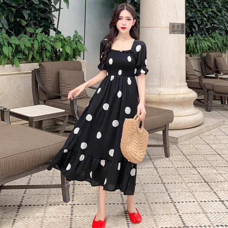 Đầm Tay Ngắn Phối Nơ Phong Cách Bohemian Hàn Quốc