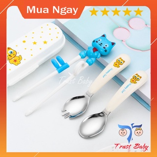 Bộ đũa thìa dĩa inox hình mèo đáng yêu - Combo không thể thiếu cho bé