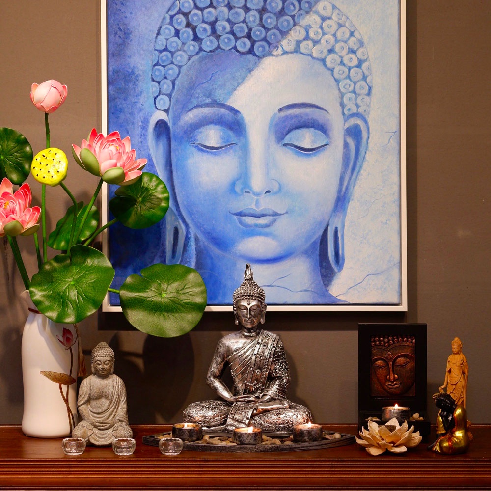 Tượng phật thiền định kèm đế nến tặng 3 cốc nến bơ - Mani Decor
