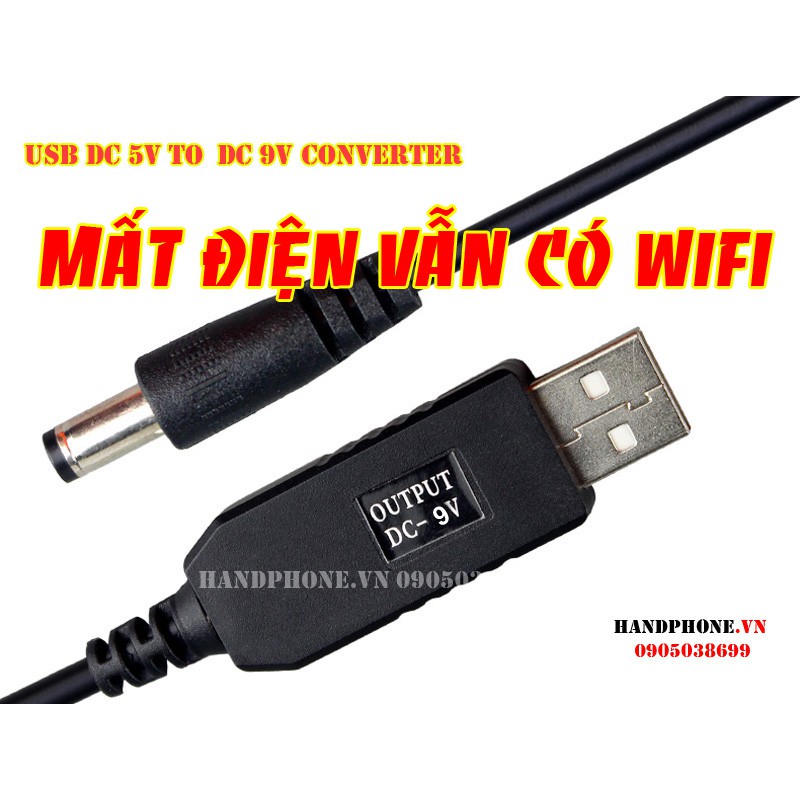 Cáp chuyển đổi dòng điện từ USB 5V DC sang 9V DC chân tròn 5.5mm