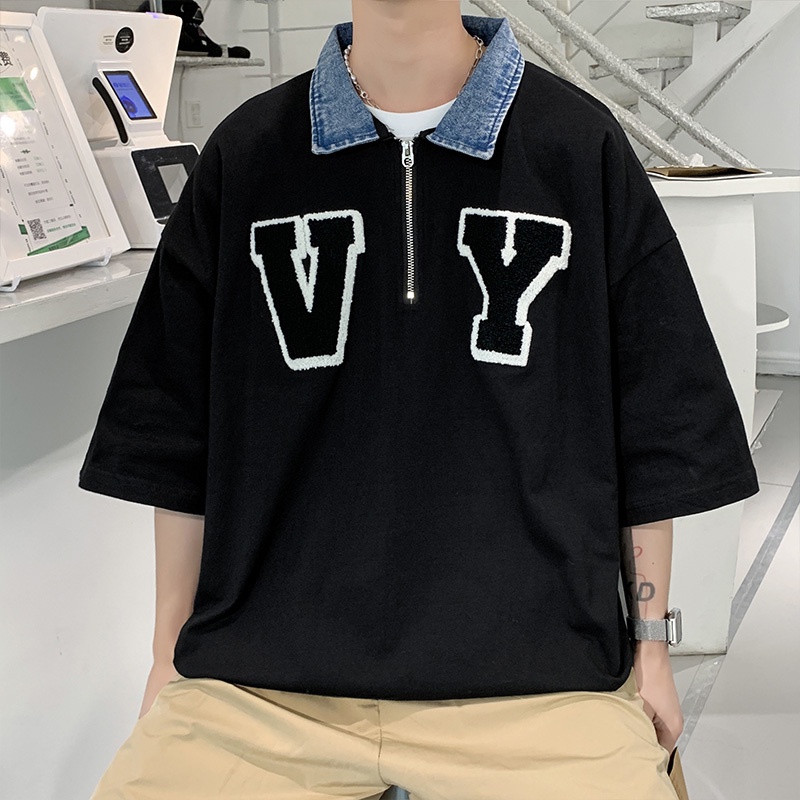 Áo polo Ngắn Tay Phối Denim Phong Cách Hàn Quốc Dành Cho Cặp Đôi