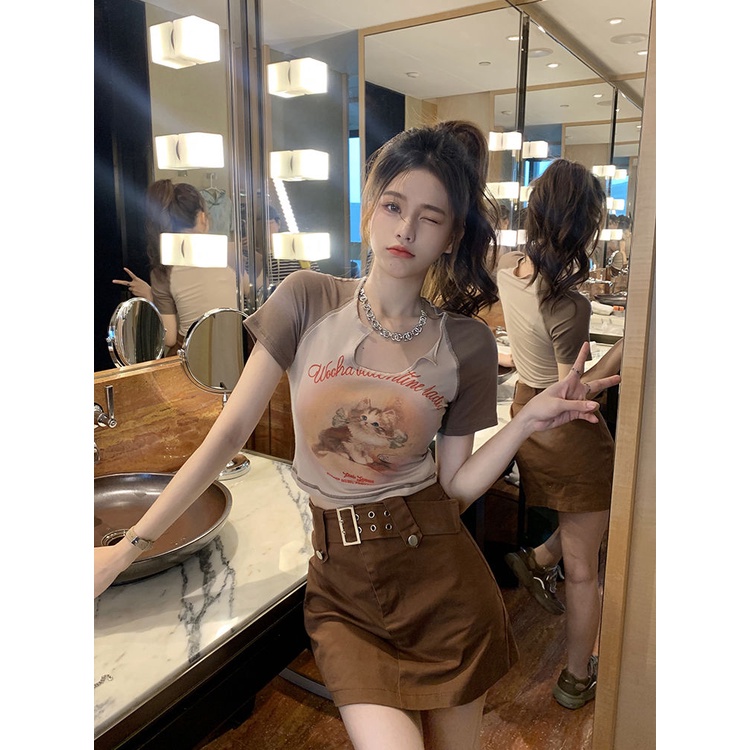 Áo croptop Tay Ngắn Cổ Chữ v Hoạ Tiết Chú Mèo Đáng Yêu