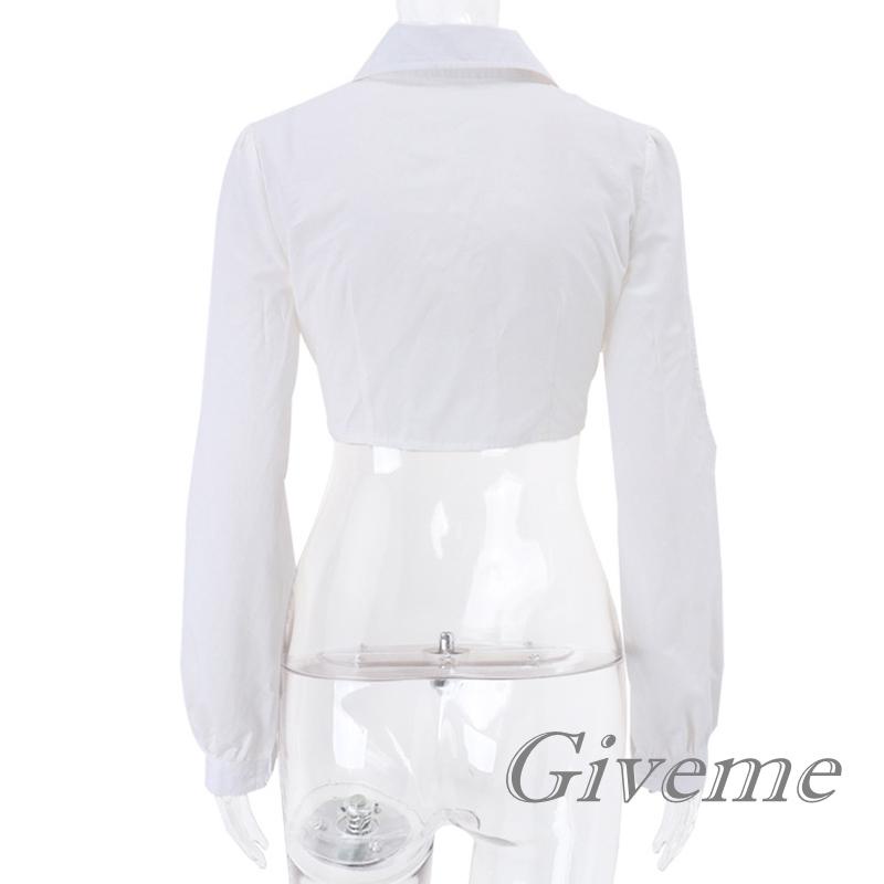 Áo Croptop Tay Dài Cổ Bẻ Màu Trơn Thời Trang Cho Nữ