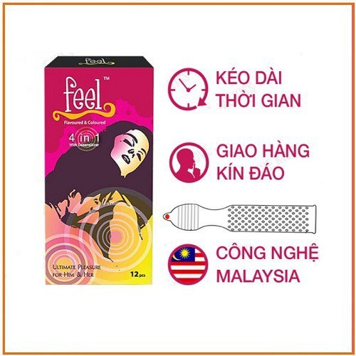 (CÓ CHE TÊN) Bao Cao Su FEEL 4 IN 1 - Bi Gai - Kéo Dài Thời Gian Quan Hệ - Hộp 12c