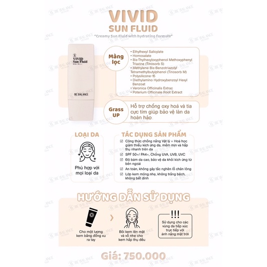 Kem Chống Nắng Cao Cấp Vivid Sun Fluid Be'Balance Hàn quốc