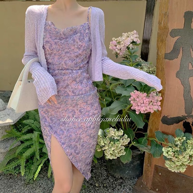 JANE’S Đầm ôm cổ đổ xẻ tà hoa nhí sắc tím quyến rũ - Áo khoác croptop T14