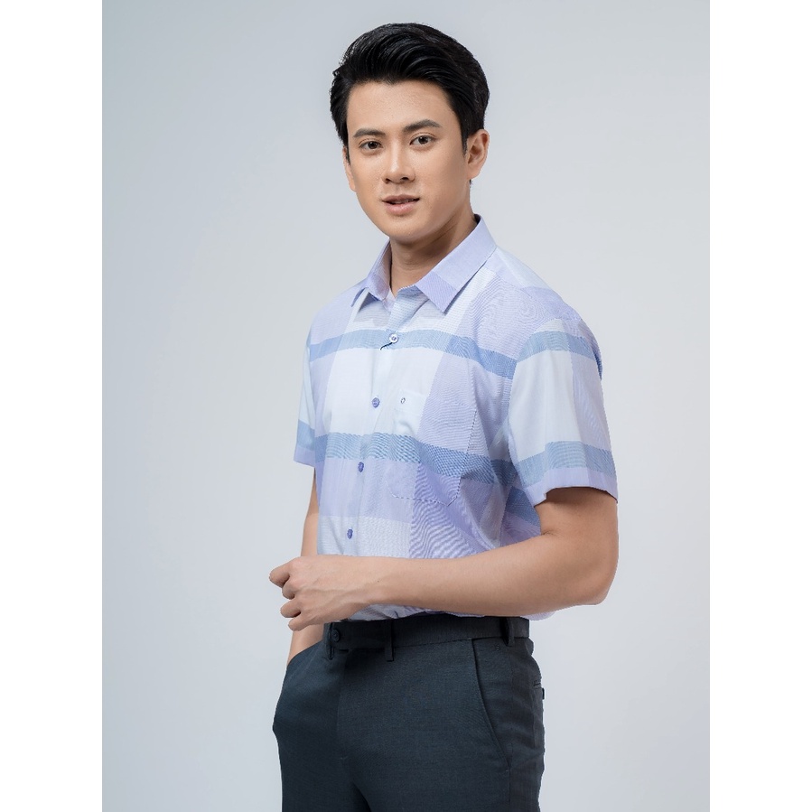 Áo Sơ Mi Nam Ngắn Tay OWEN AR220015NT Somi Công Sở Cao Cấp Màu Kẻ Caro Tím Trắng Vải Sợi Tre Dáng Suông Tà Lượn Có Túi