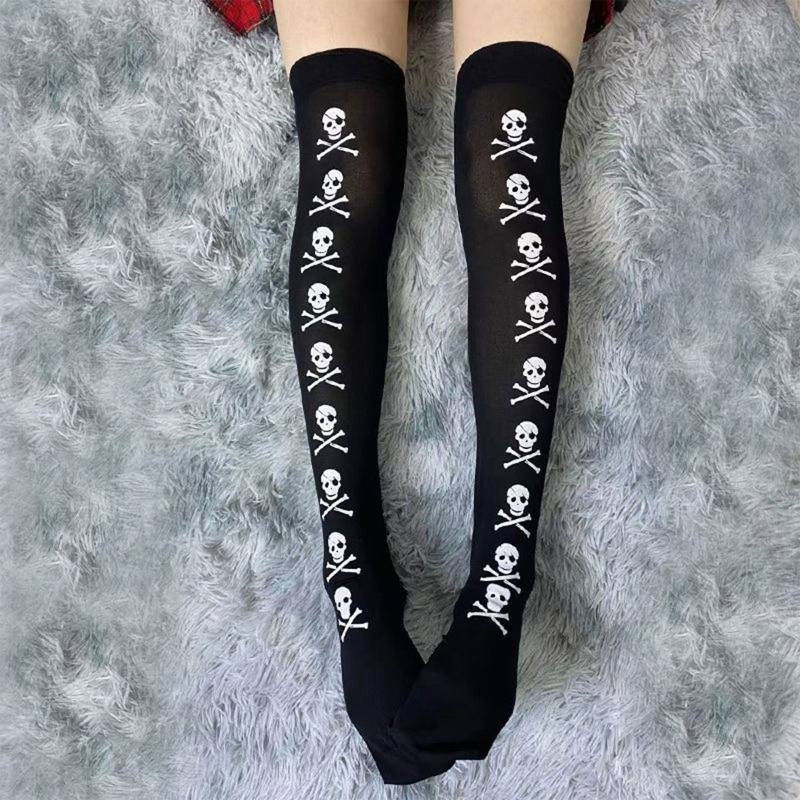 Tất Dài Qua Gối Đính Nơ Họa Tiết Mạng Nhện Máu Dơi Phong Cách Gothic Punk Hóa Trang Halloween Cho Nữ