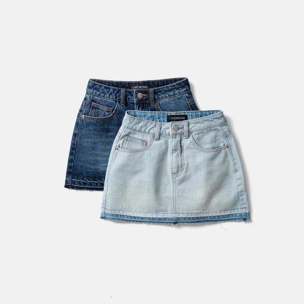 Chân váy jean CHICMONKI lai kiểu, màu xanh nhạt - CMJ1545
