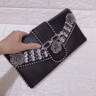 Ví Clutch nữ da cá sấu đính đá viền bi sang trọng - hình thật kèm video (Tặng Dây Đeo)