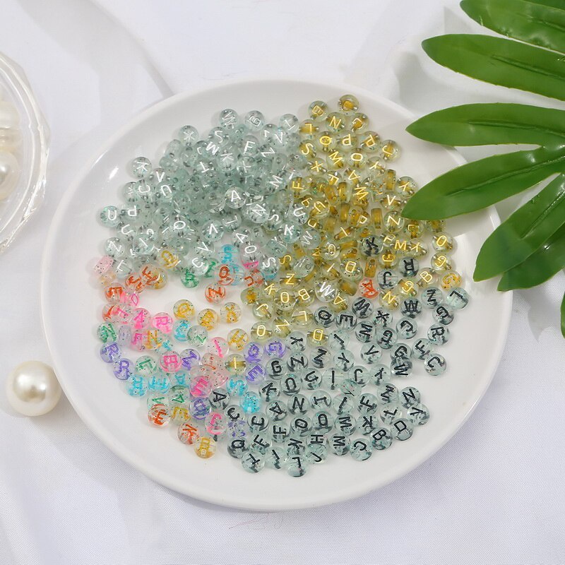 Set 100 Hạt Nhựa 7mm Có In Chữ Làm Trang Sức Thủ Công