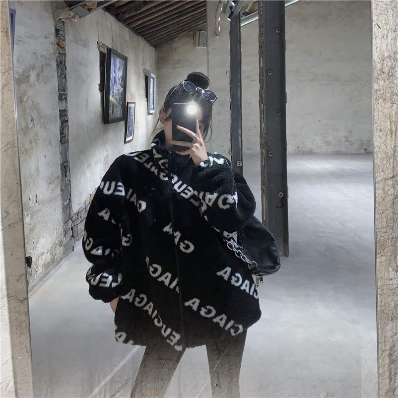 Áo khoác nữ đen có dây kéo dạ lông thời trang ulzzang big size
