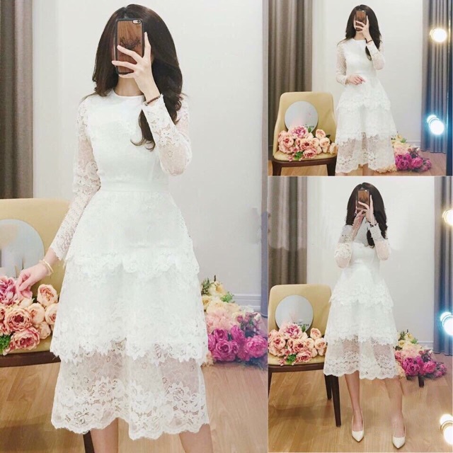 Váy ren trắng 4 tầng