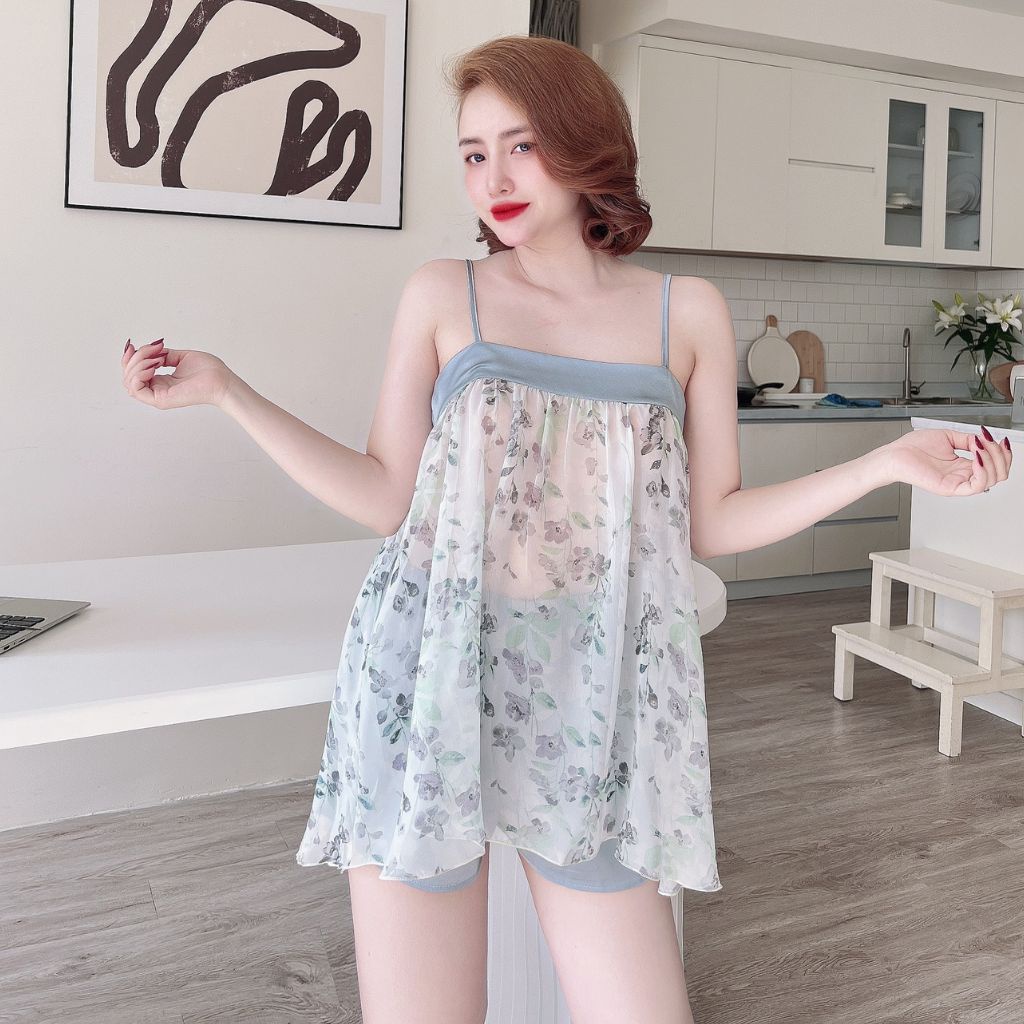 Đồ ngủ nữ BIGSIZE MIKY, Đồ ngủ sexy lụa Chiffon phối Satin cao cấp mềm mại xinh xắn<65KG