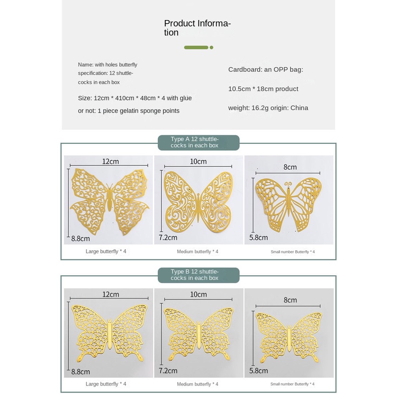 Set 12 Miếng Dán Tường Hình Bướm 3D Bằng Kim Loại