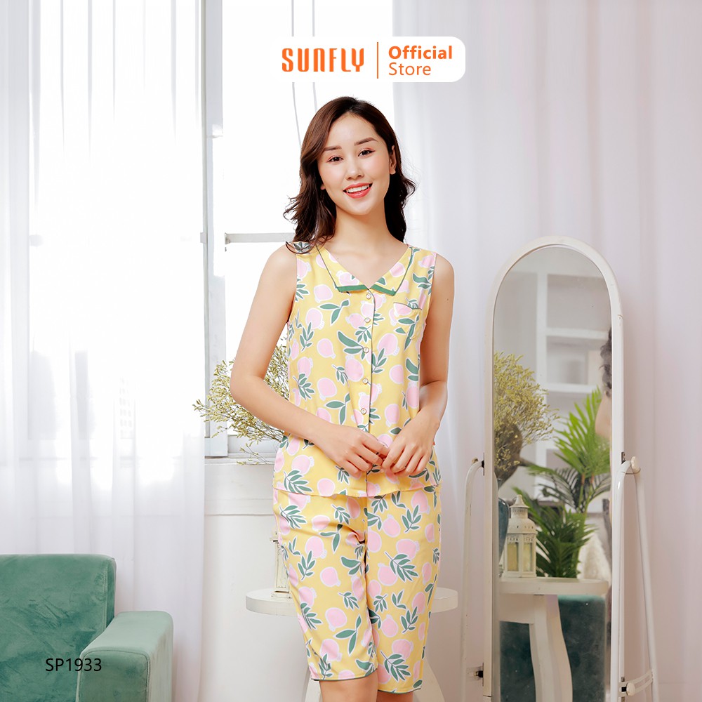 Bộ đồ nữ mặc nhà lanh SUNFLY áo sát nách, quần trên gối SP1933