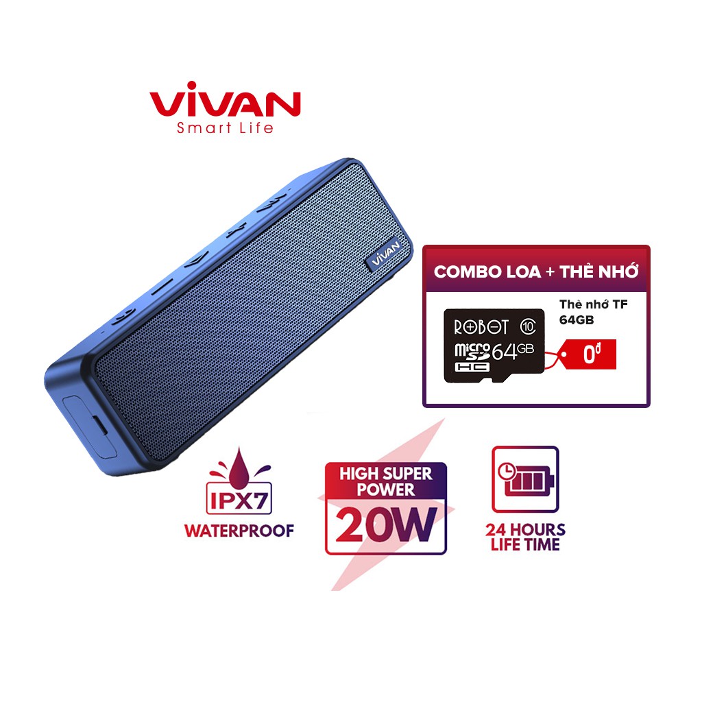 [COMBO Loa Bluetooth + Thẻ Nhớ] Loa Bluetooth 5.0 VIVAN VS20 Chống Nước IPX7 Công suất 20W Pin 3600mAh Playtime đến 24H