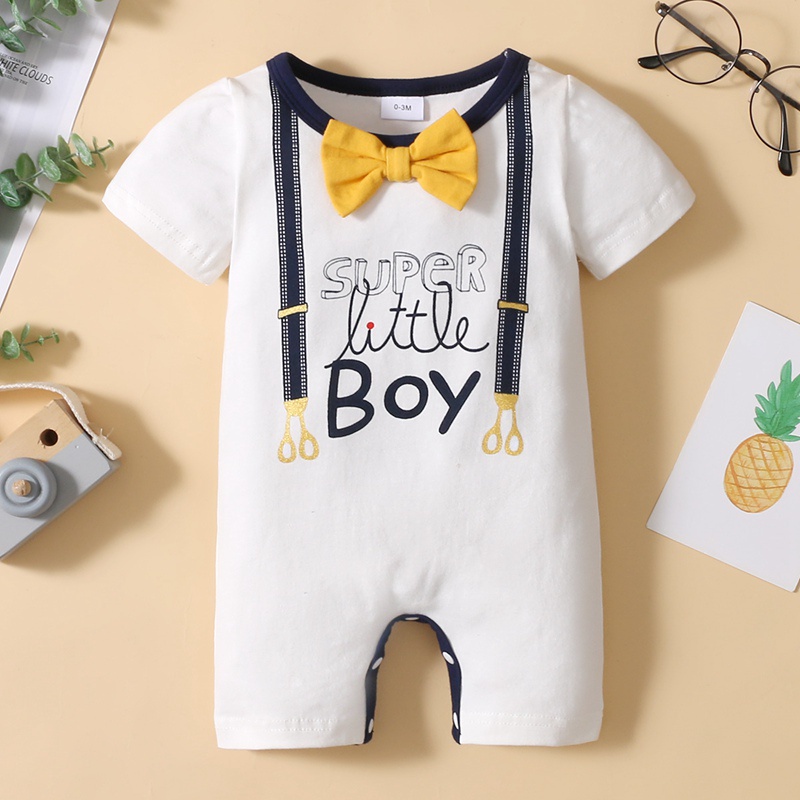 Bộ Áo Liền Quần Bằng Cotton Tay Ngắn In Họa Tiết Cà Vạt Quý Ông Cho Bé Trai Sơ Sinh