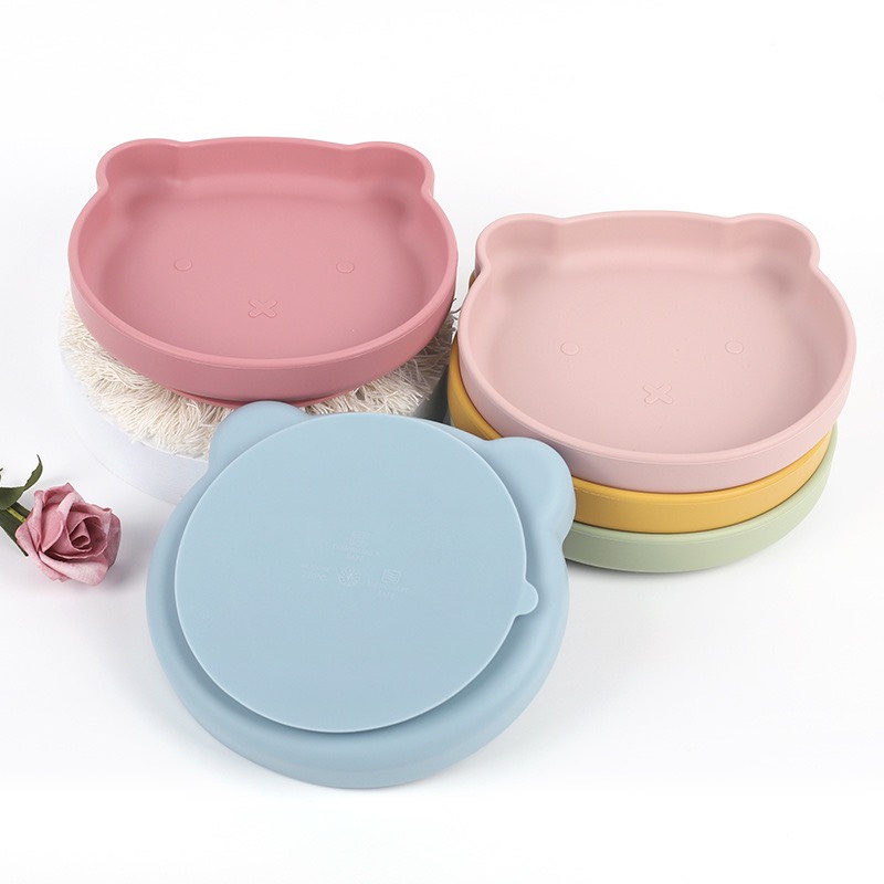Khay ăn dặm silicon cho bé hình gấu có đế hút chân không chống đổ an toàn KHAY3
