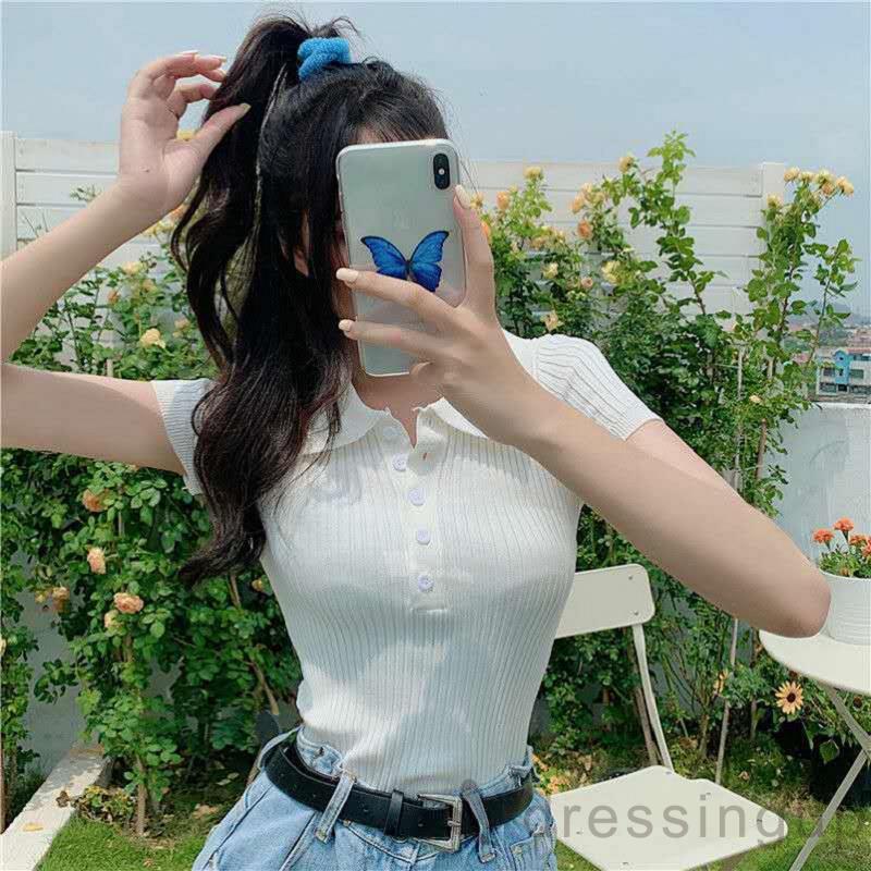 Áo thun tay ngắn cổ bẻ màu trơn dệt kim sọc gân có nút cài thời trang thường ngày cho nữ