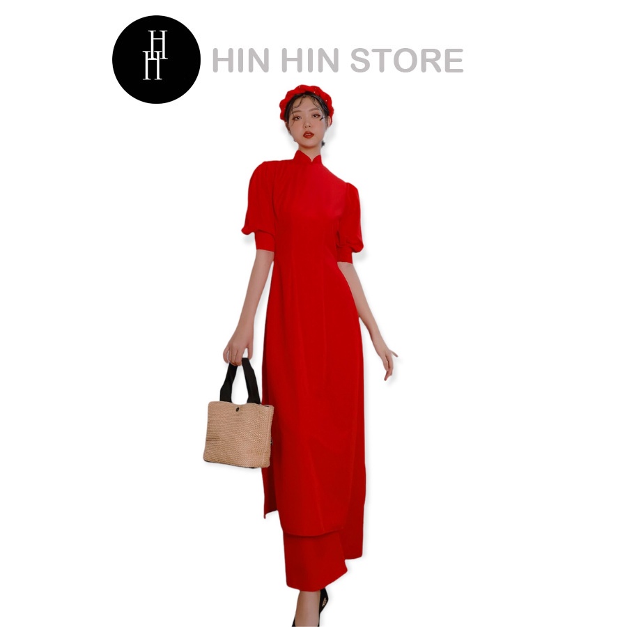 Set bộ áo Dài đỏ truyền thống tay phồng &amp; mấn đính hạt HS116 Hỉn Hỉn Store