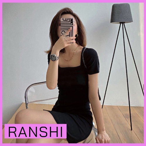Váy Cổ Vuông Xẻ Tà Basic RANSHI Đầm Ngắn Siêu Tôn Dáng Thời Trang Mùa Hè Nữ Chất Thun Cotton Nhẹ Mát - RBD015