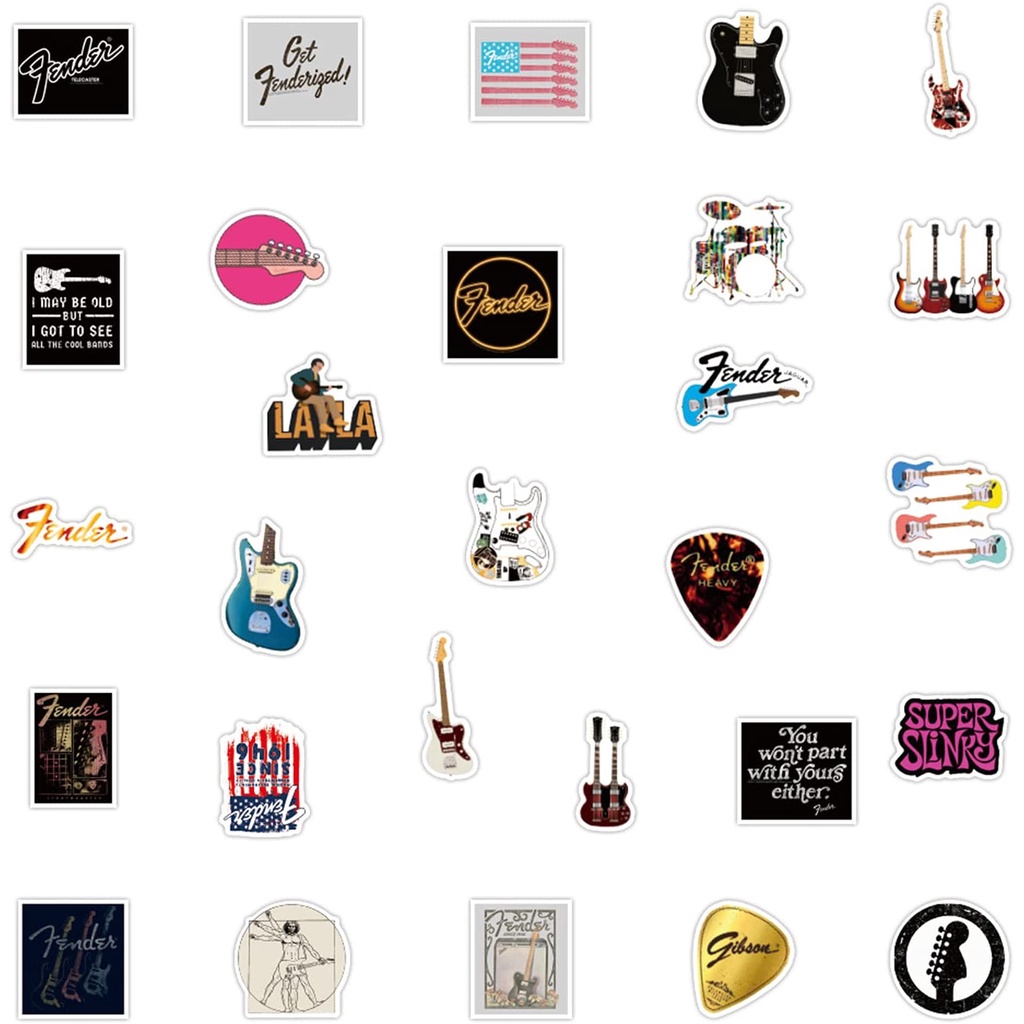 Bộ 50 miếng dán sticker trang trí đàn guitar, ukulele, nón bảo hiểm, laptop... chủ đề Fender Xe hơi