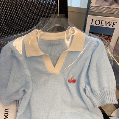 Áo Thun Dệt Kim Mỏng Ngắn Tay In Hình Quả Anh Đào Màu Xanh Dương Thời Trang Mùa Hè