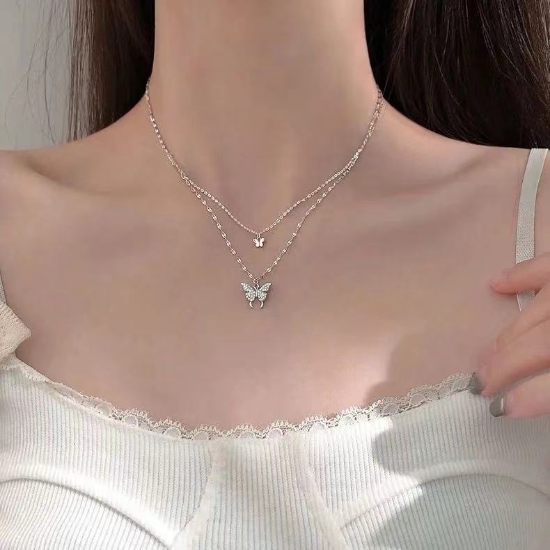 Dây chuyền hai lớp mặt hình bướm đính đá đơn giản thanh lịch thời trang dành cho nữ