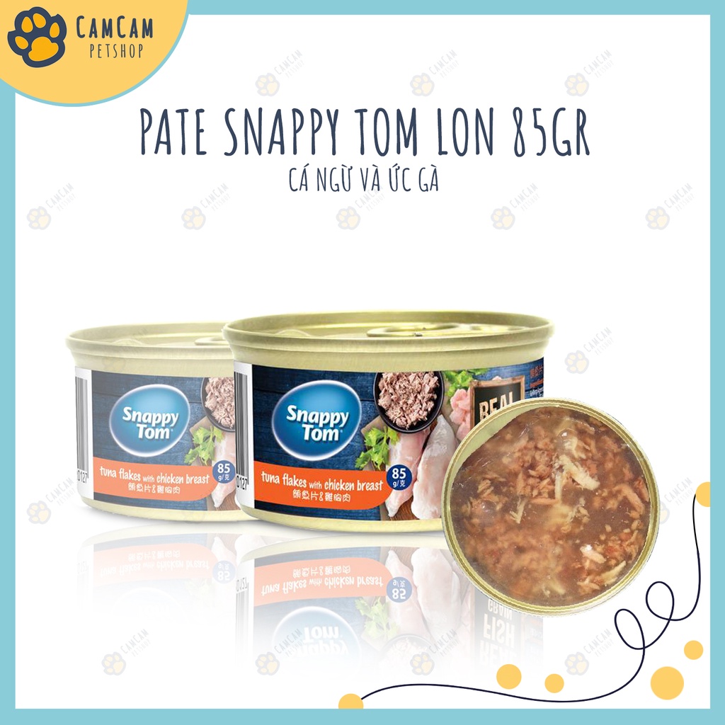 Pate cho mèo Snappy Tom Premium lon 85gr - Pate Snappy Tom cho mèo, Thức ăn cho mèo với miếng thịt và nước sốt thơm ngon