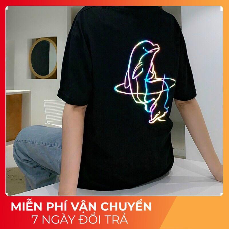 Áo thun tay lỡ phản quang phông Unisex nam nữ chất Premium Cotton oversize đến 75kg form rộng hình cá heo AP988