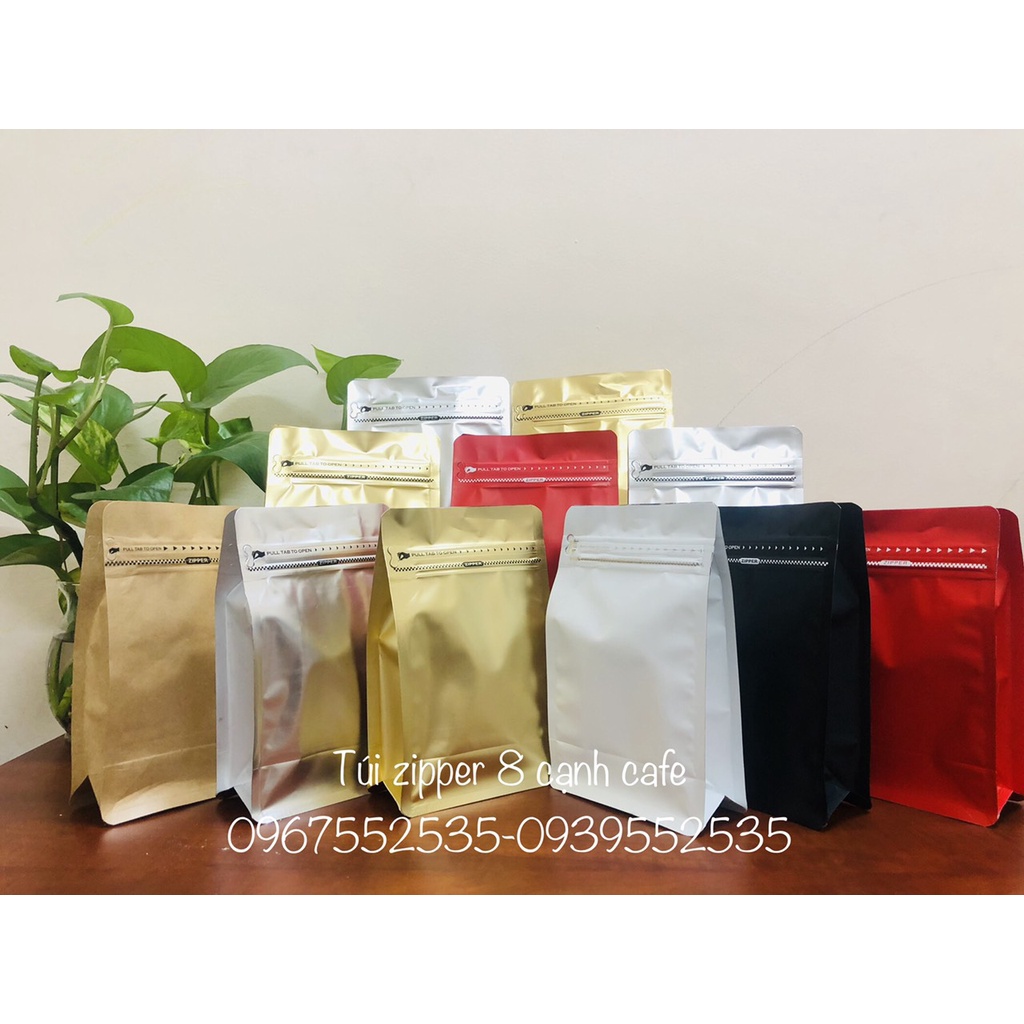 TÚI ZIP ĐÁY ĐỨNG 8 CẠNH ĐỰNG CAFE (MÀU ĐỎ - ĐEN - TRẮNG, BẠC, ĐỒNG)